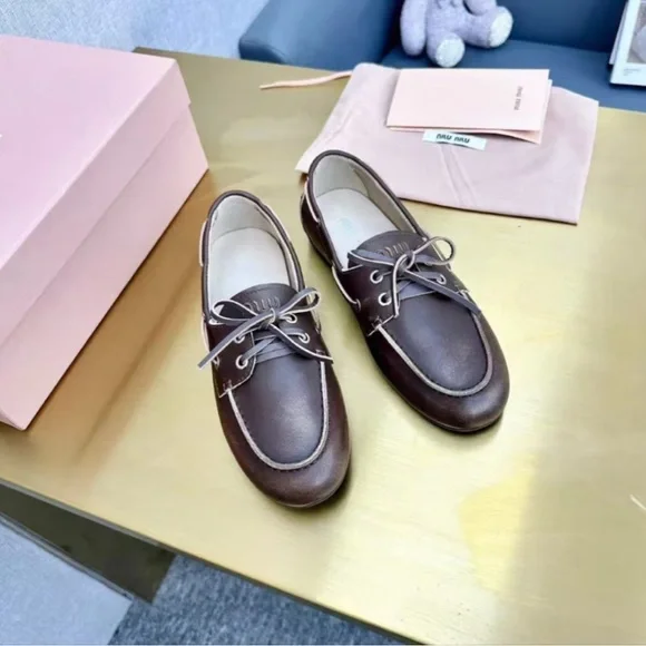 Miu Miu Chocolate Brown Leather Flats - Picture 1 of 9